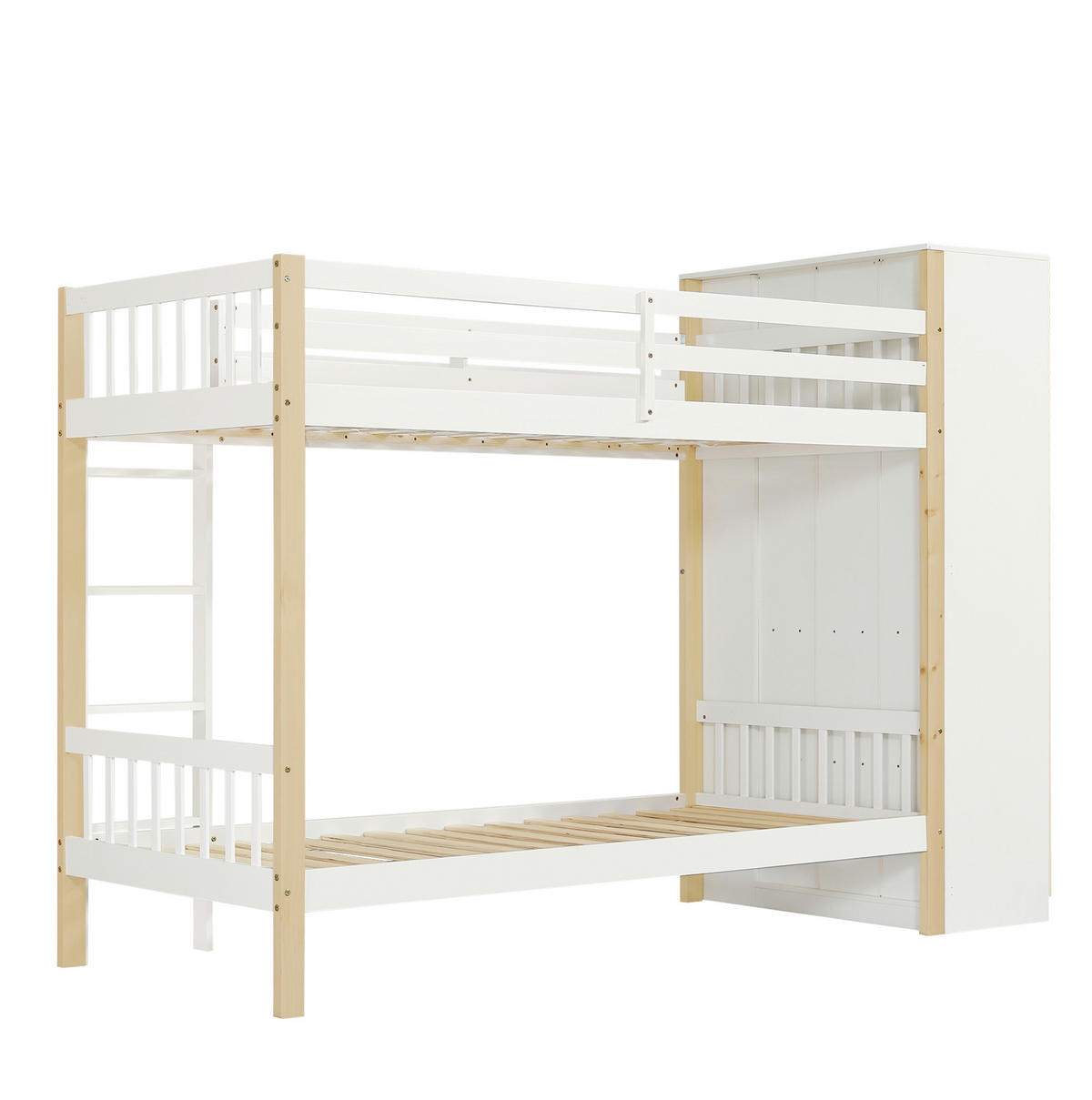 ETAGENBETT 90/200 cm, Weiß/Natur mit 6 offenen Regalen und Kleiderschrank - Weiß, Holz (90/200cm) - MIVRAY