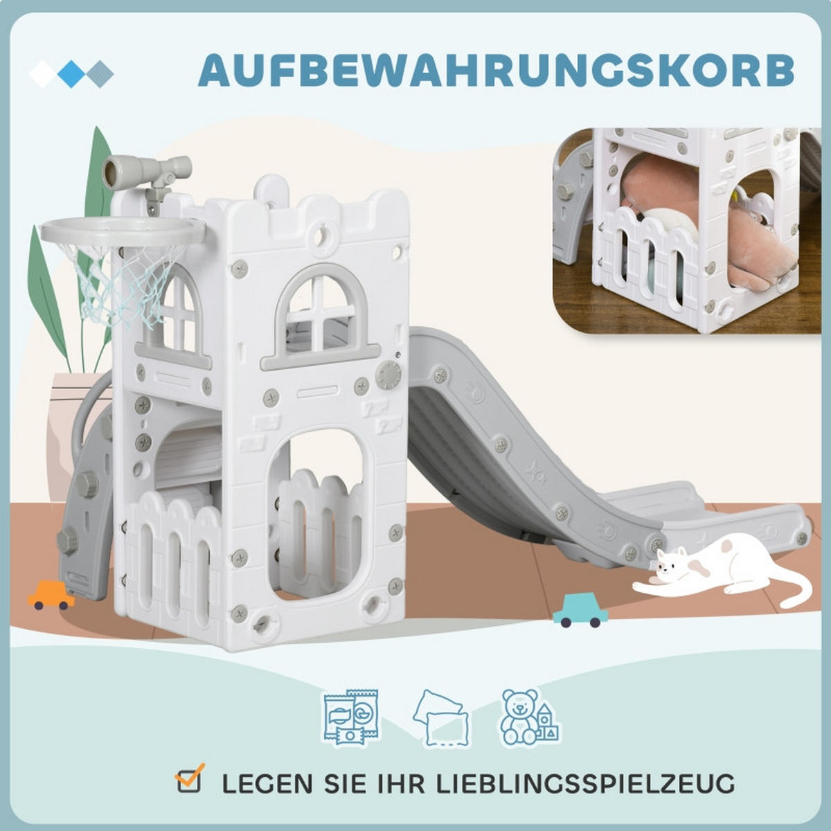 KINDERRUTSCHE 5-in-1 mit Klettergerüst und Basketballkorb Grau 70 x 177 x 92 cm - Grau, Kunststoff (70/92/177cm) - Korfee