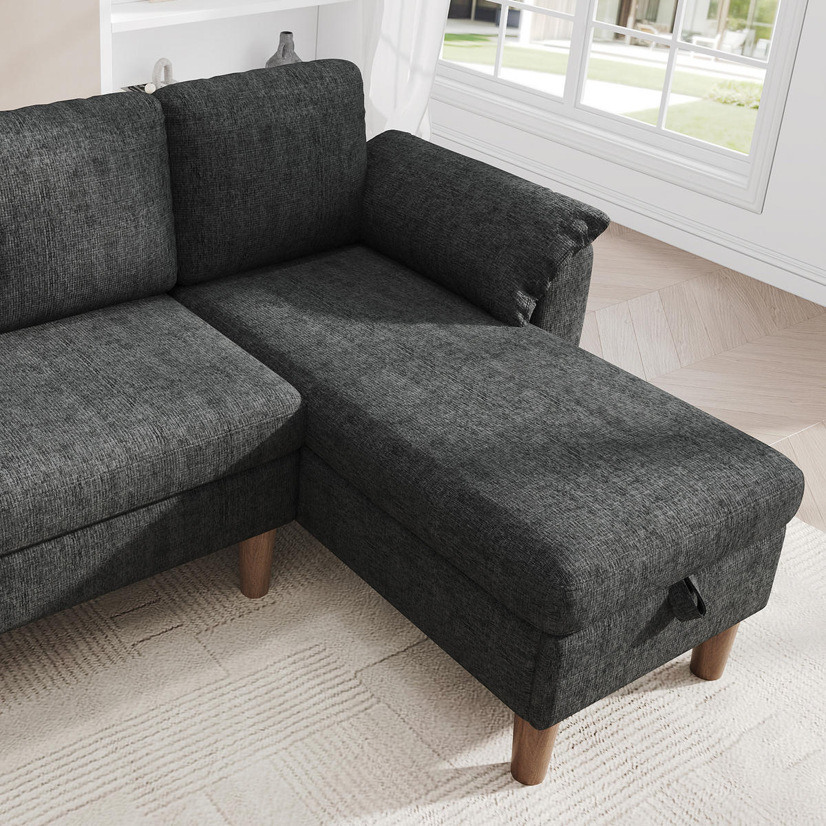 ECKSOFA mit Stauraum, USB-C, Type-C, Chenille Bezug, flexibler Chaiselongue und Seitenmontage in Grau - Grau, Textil (181/125cm) - EVRYAE