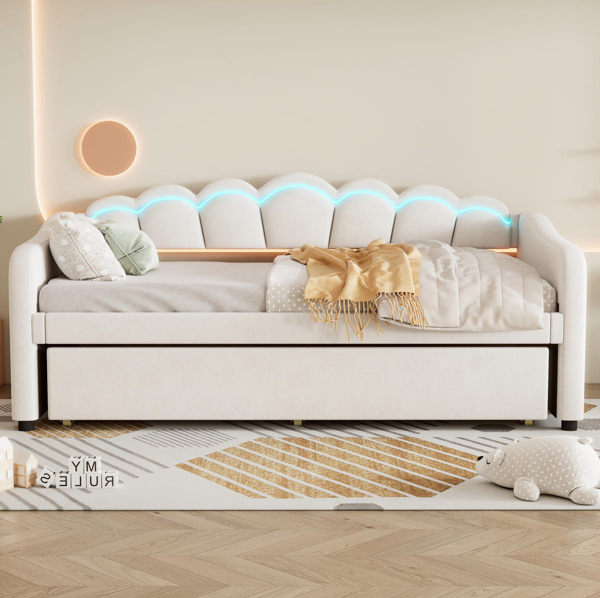 POMOŽNA postelja iz žameta in MDF 90x200 cm bež z izvlečnim ležiščem, LED osvetlitvijo in minimalističnim dizajnom - bež, tekstil (90/200cm) - Modfu