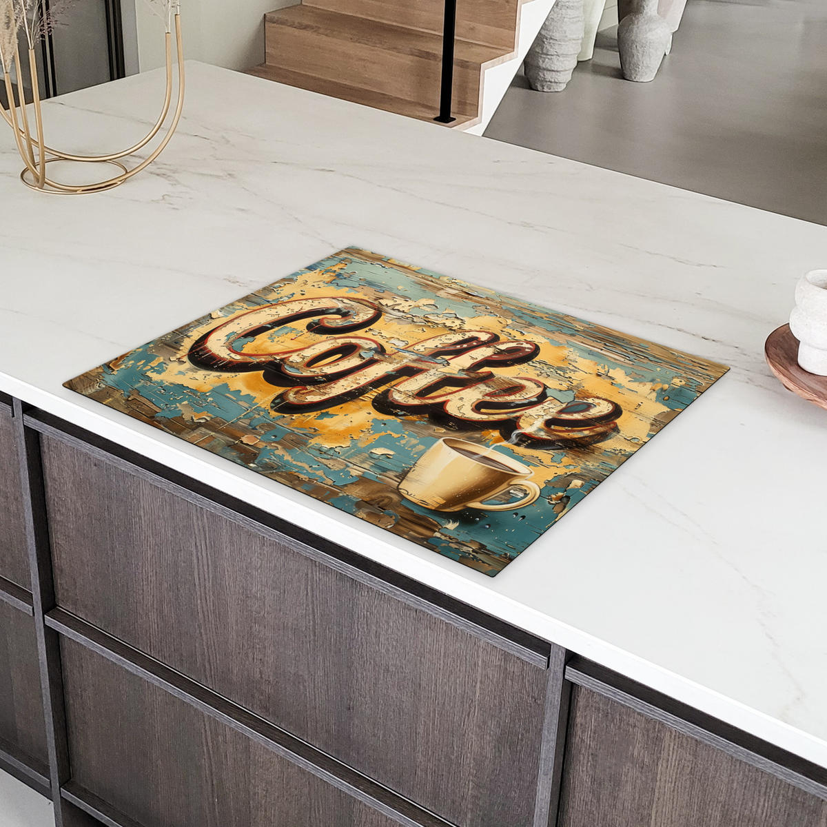 HERDABDECKPLATTE Kaffee - Vintage - Braun - Tasse Induktionsmatte 77x59 cm - Teakfarben, Kunststoff (77/59/0.2cm) - MuchoWow