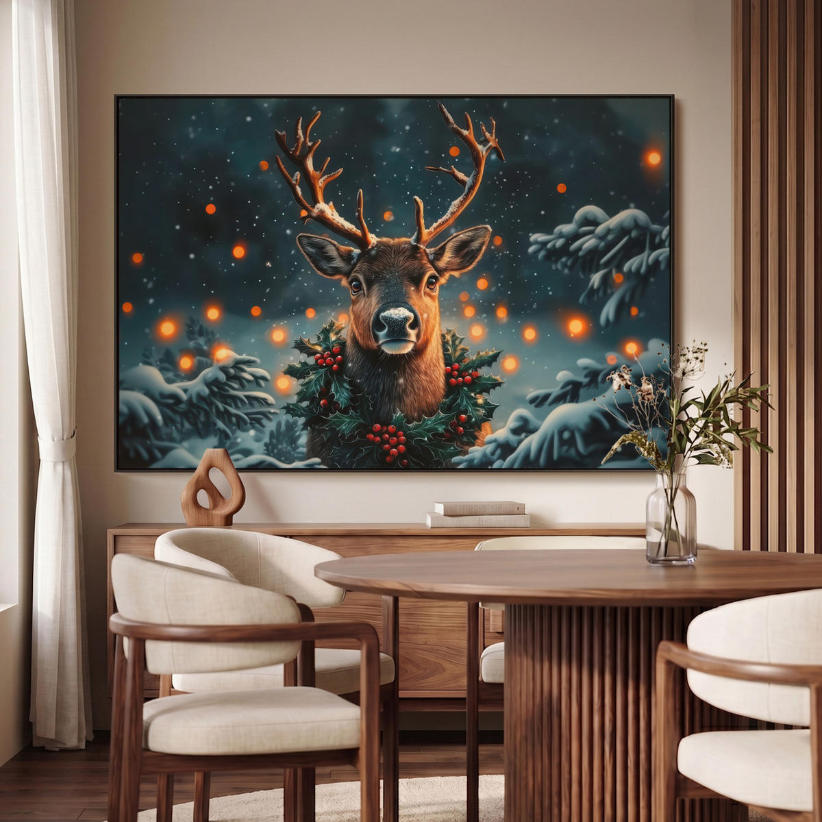 LEINWAND Bilder mit Rahmen - Hirsch - Weihnachten - Winter - Schnee - Weihnachtskranz - 120x80 - Dunkelbraun, Textil (120/80cm) - MuchoWow