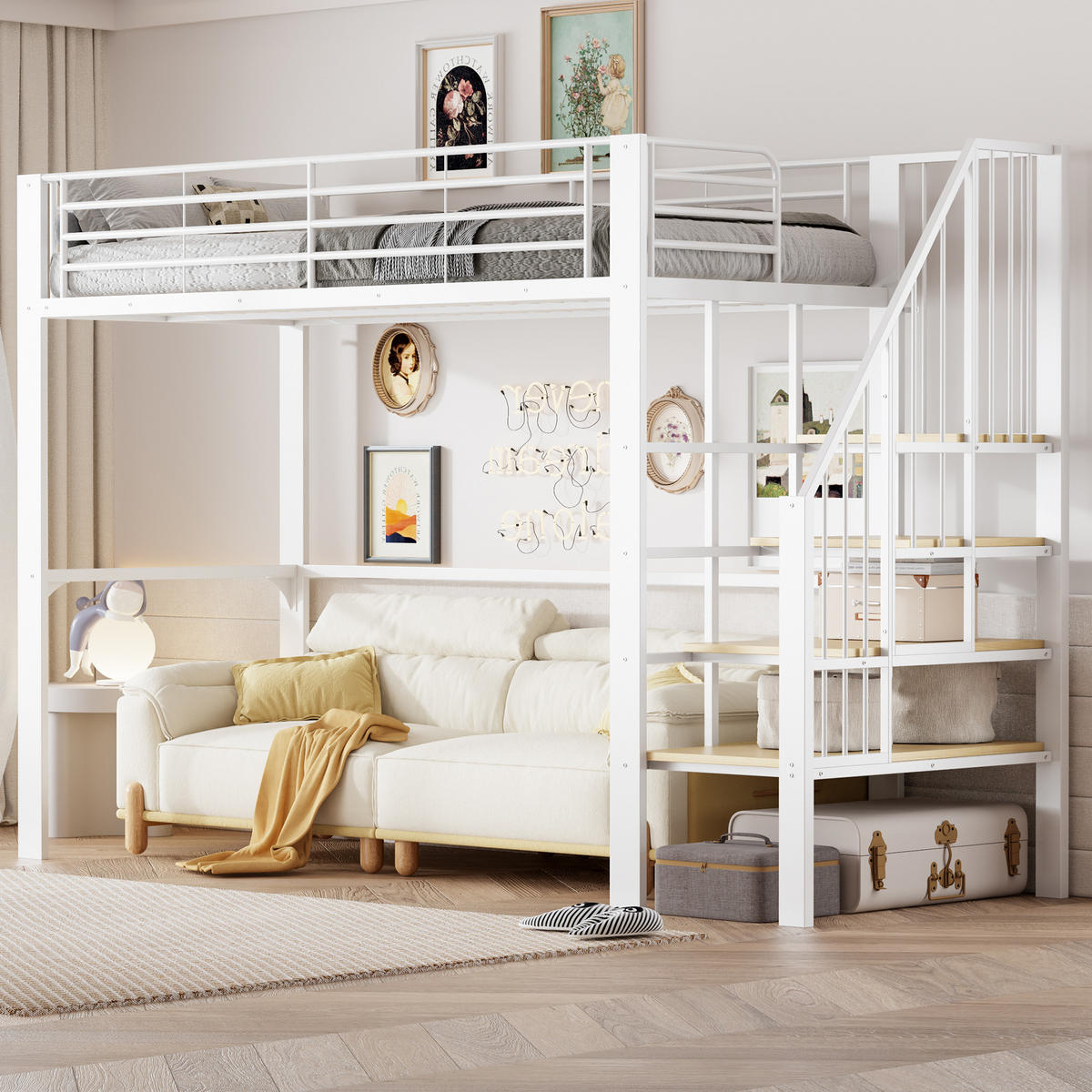 HOCHBETT 90/200 cm Weiß mit Treppe und Stauraum aus Metall und Holz - Weiß, Metall (90/200cm) - OKWISH