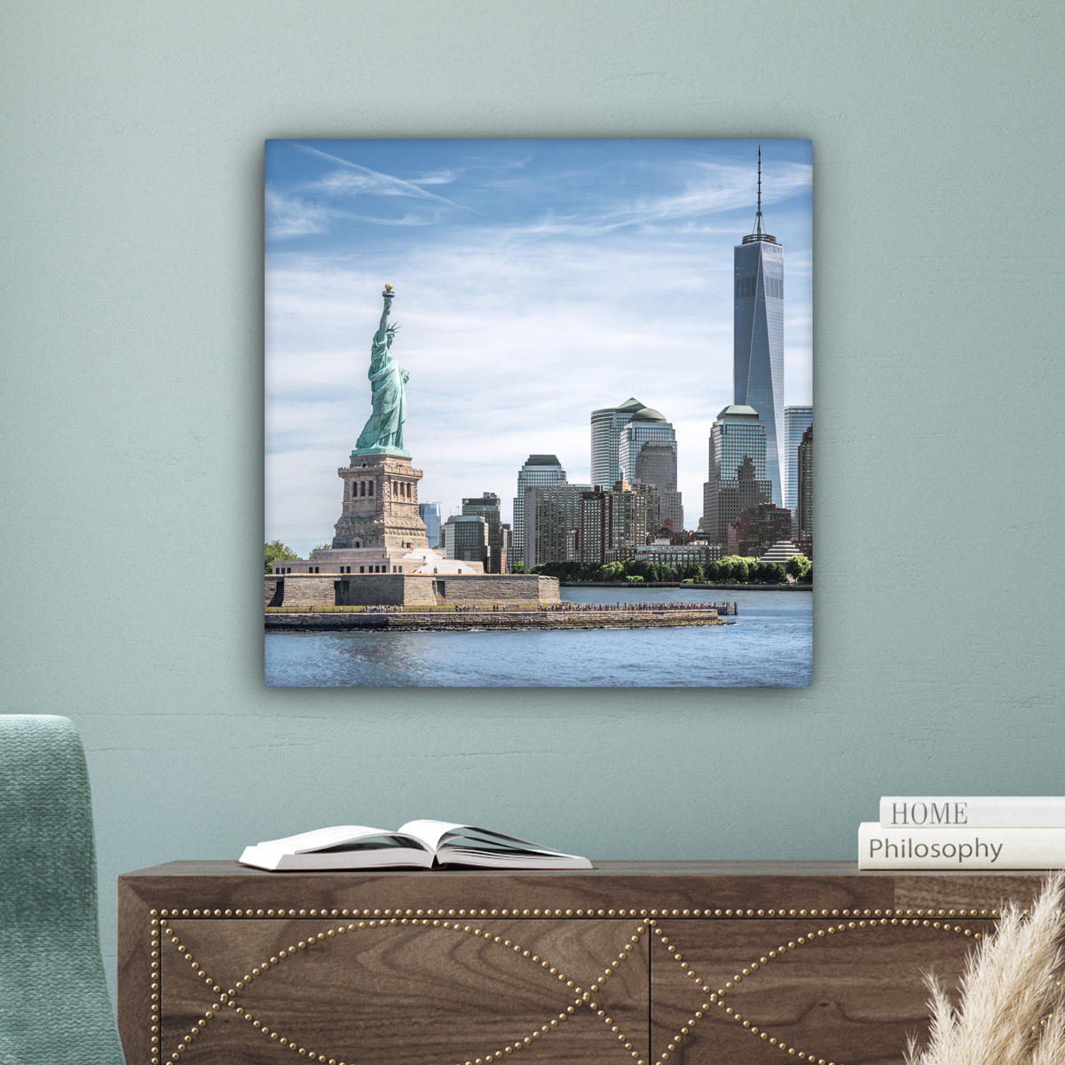 LEINWANDBILD New York - Freiheitsstatue - Wasser Wandbild Wohnzimmer 50x50 cm - Hellblau, Textil (50/50cm) - MuchoWow