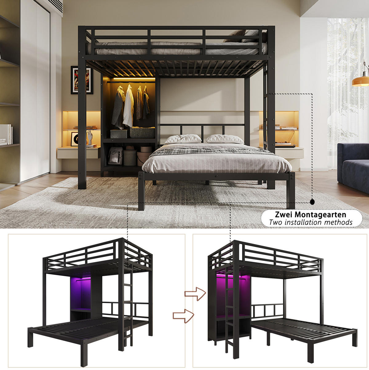 ETAGENBETT aus Metall und Holz 120x200 cm Schwarz mit Kleiderschrank und LED-Beleuchtung - Schwarz, Metall (120/200cm) - Modfu