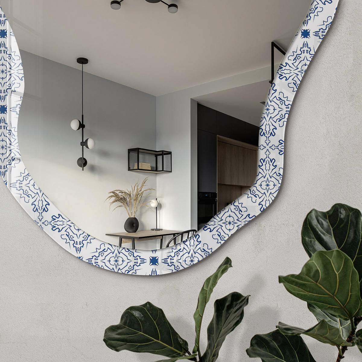 SPIEGEL 90x45 cm asymmetrisch mit Druck - Geometrisches Ornament - Transparent, Glas (45/90/0.4cm) - TULUP