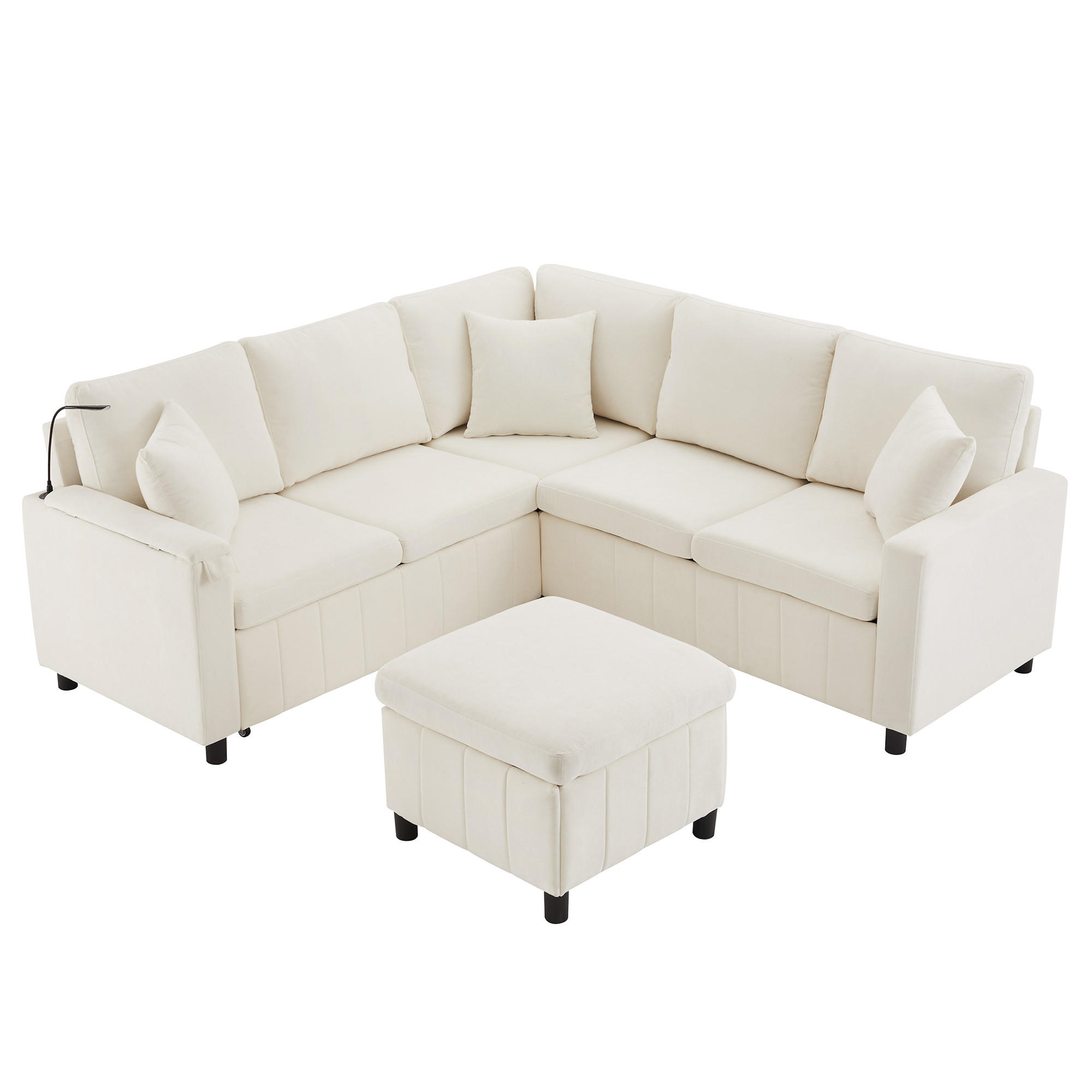 ECKSOFA Chenille mit Schlaffunktion, Hocker und USB-Anschluss 205/205/85 cm Beige - Beige, Textil (205/205cm) - Redom