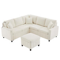 ECKSOFA Chenille mit Schlaffunktion, Hocker und USB-Anschluss 205/205/85 cm Beige - Beige, Textil (205/205cm) - Redom