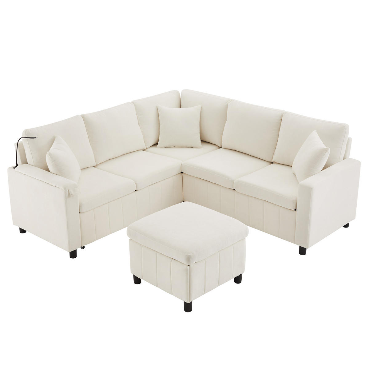 ECKSOFA Chenille mit Schlaffunktion, Hocker und USB-Anschluss 205/205/85 cm Beige - Beige, Textil (205/205cm) - Redom