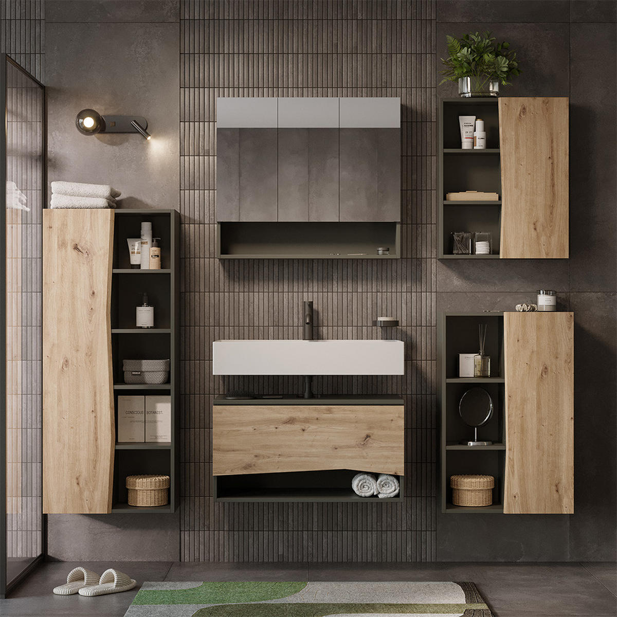 BADMÖBEL-SET Willow Artisan 5 Teile - Anthrazit/Hellgrau, Holzwerkstoff (80/42.8/43cm) - Vicco