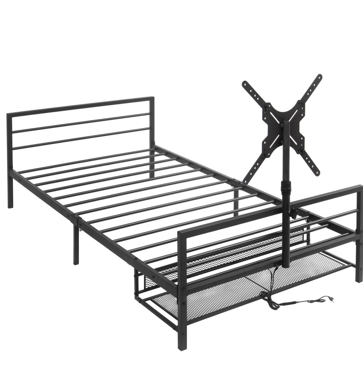 METALLBETT aus Eisen 90x200 cm Schwarz mit LED-Beleuchtung, verstellbarer Monitorhalterung und Aufbewahrungskorb - Schwarz, Metall (90/200cm) - Modfu