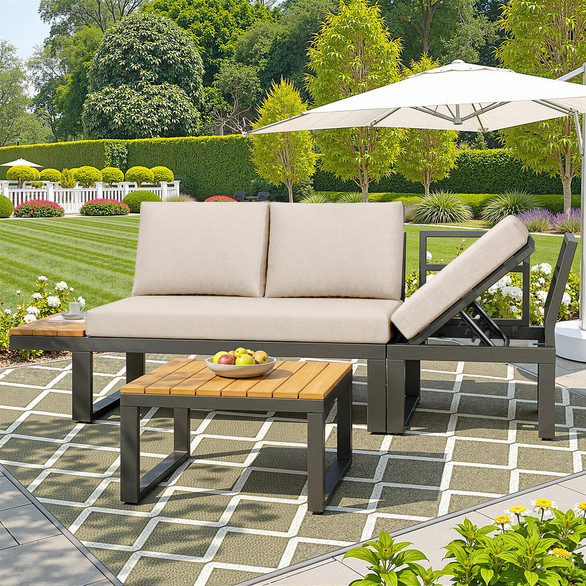 GARTENLOUNGE 6tlg Grau Beige Ecksofa Tisch Hocker verstellbar - Beige, Metall - FLIEKS