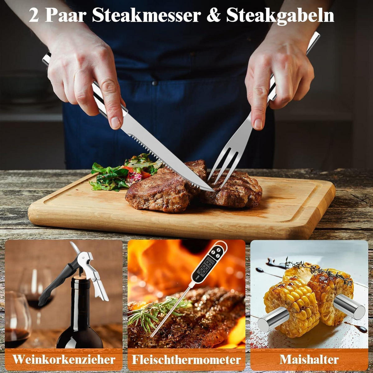 GRILLBESTECK Set 26-teilig Edelstahl mit Koffer und Fleischthermometer - Silberfarben, Metall (44.5cm)