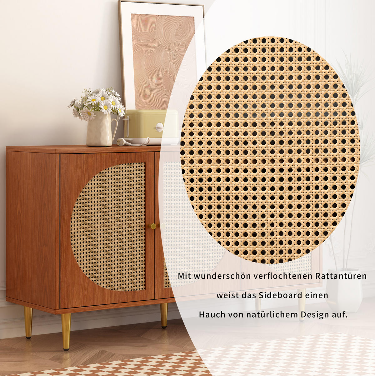 SIDEBOARD aus Spanplatte 129,8x40x76 cm Walnuss mit 3 Türen, verstellbaren Einlegeböden und Rattan-Optik - Walnussfarben, Holzwerkstoff (129.8/76/40cm) - Modfu