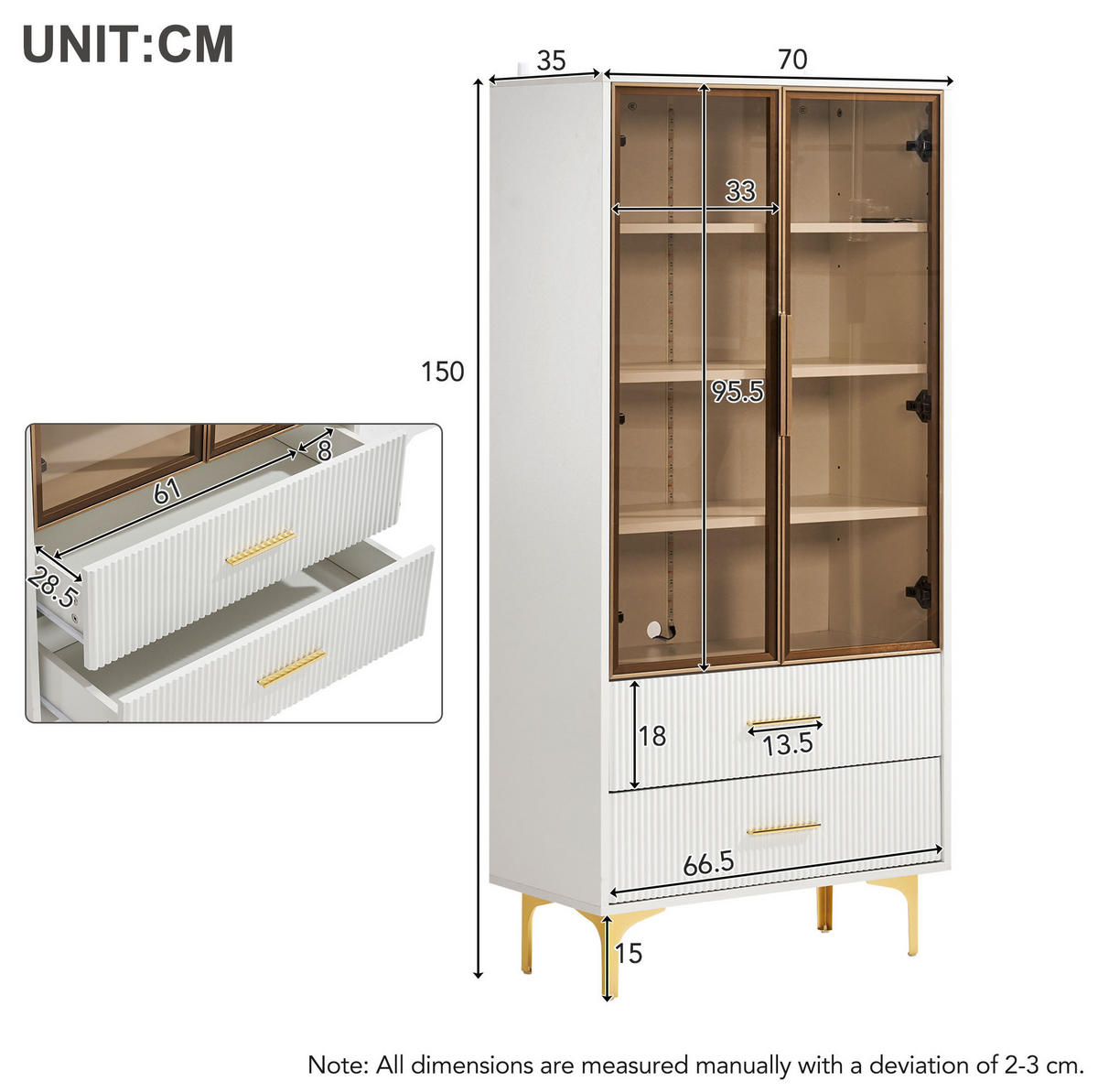 HIGHBOARD mit Glastüren 70/35/150 cm in Weiß mit LED und 2 Schubladen - Weiß, Holzwerkstoff (70/150/35cm) - BEAOK