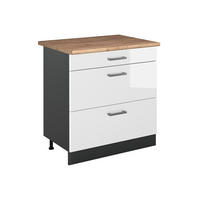 KUCHYNSKÁ SPODNÁ SKRINKA R-Line, Biely vysoký lesk/antracitová, 80 cm s 3 zásuvkami Goldkraft tammi työtaso - biela s vysokým leskom/antracitová, kompozitné drevo (80/81.6/60cm) - Vicco