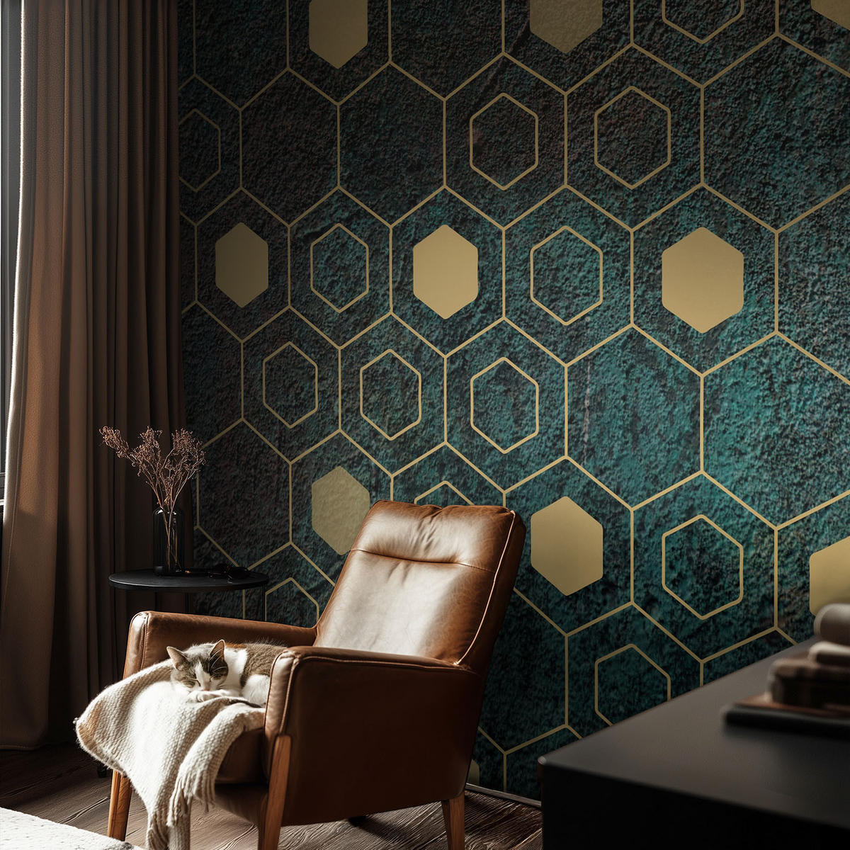 FOTOTAPETE 104x70 cm - Geometrische Sechsecke - Grün, Textil (104/70cm) - Wallfluent