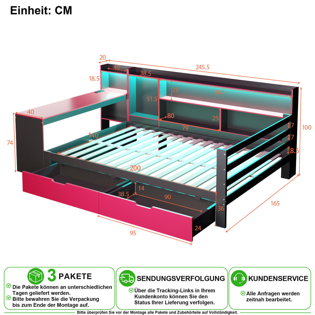 SCHLAFSOFA 140/200 cm in Schwarz & Rot mit Schreibtisch, LED, USB und 2 Schubladen - Rot/Schwarz, Holzwerkstoff/Textil (140/200cm) - CHICFURN