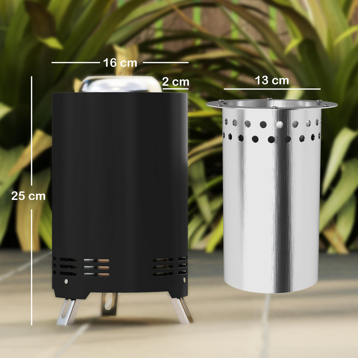 FEUERSCHALE Edelstahl Schwarz - Schwarz, Metall (16/25/16cm) - Outsunny