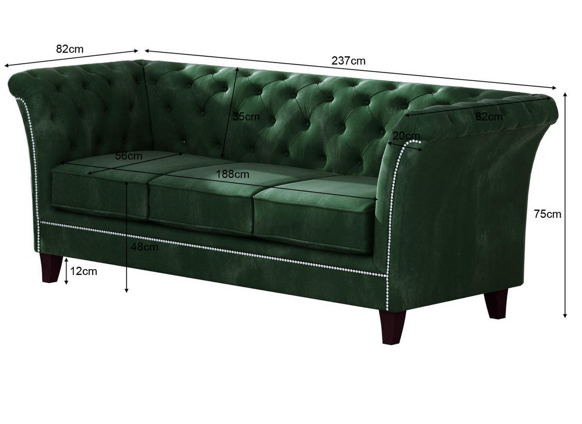 CHESTERFIELD-SOFA 3-Sitzer Fusion Grün Samt - Smaragdgrün/Braun, Holz/Textil (237/75/82cm) - S-Style Möbel