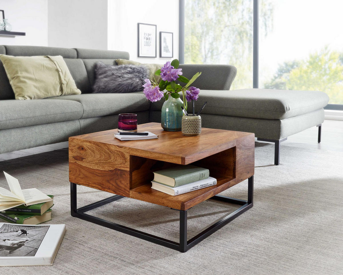 COUCHTISCH in Sheeshamholz mit Staufach, 60x60x34,5 cm, Industrial-Design - Schwarz/Braun, Holz/Metall (60/60/35cm) - KADIMA DESIGN