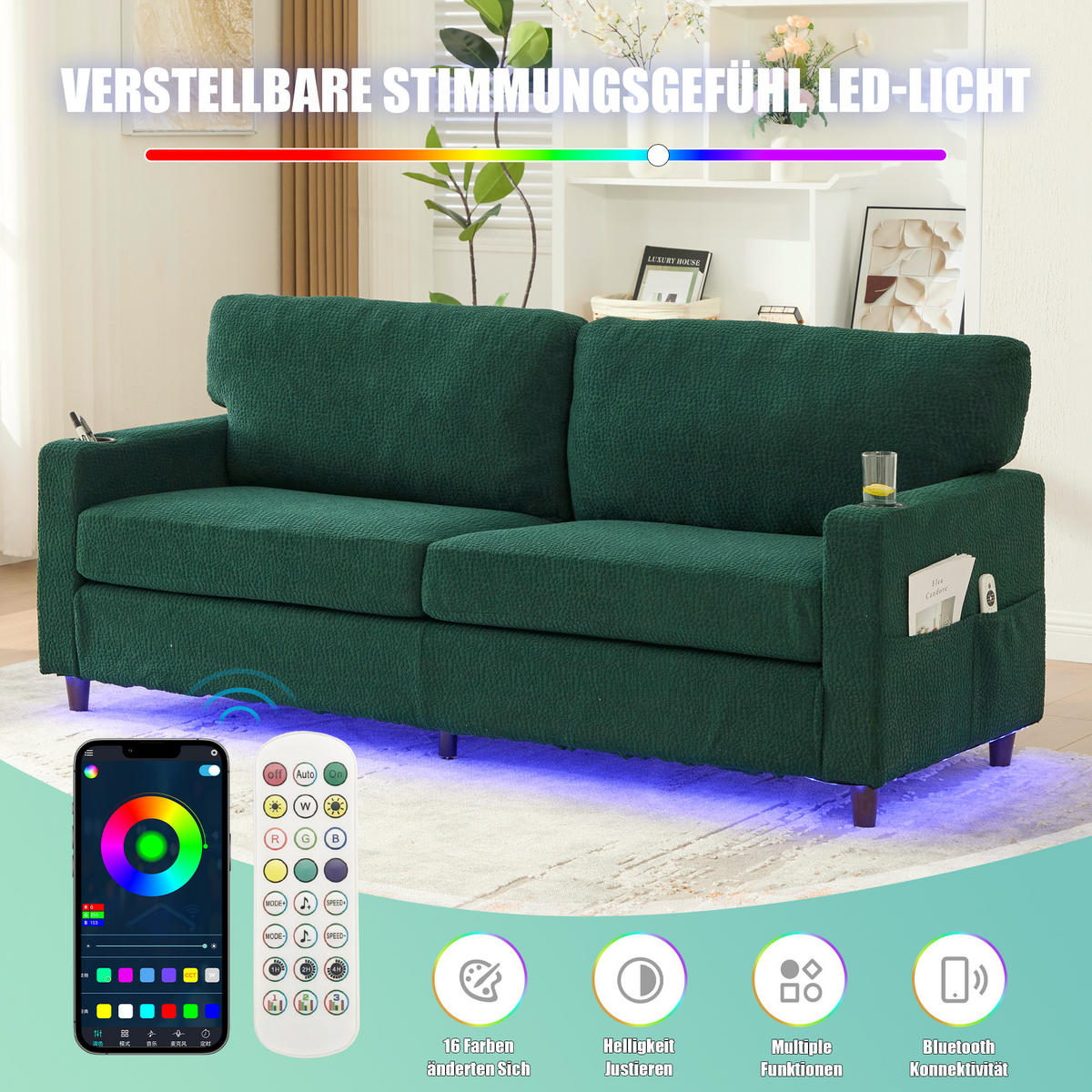 ZWEISITZER Sofa Chenille mit USB-Anschluss LED und Getränkehaltern 203/77,5/86 cm Smaragdgrün - Smaragdgrün, Textil (77.5/86/203cm) - Redom