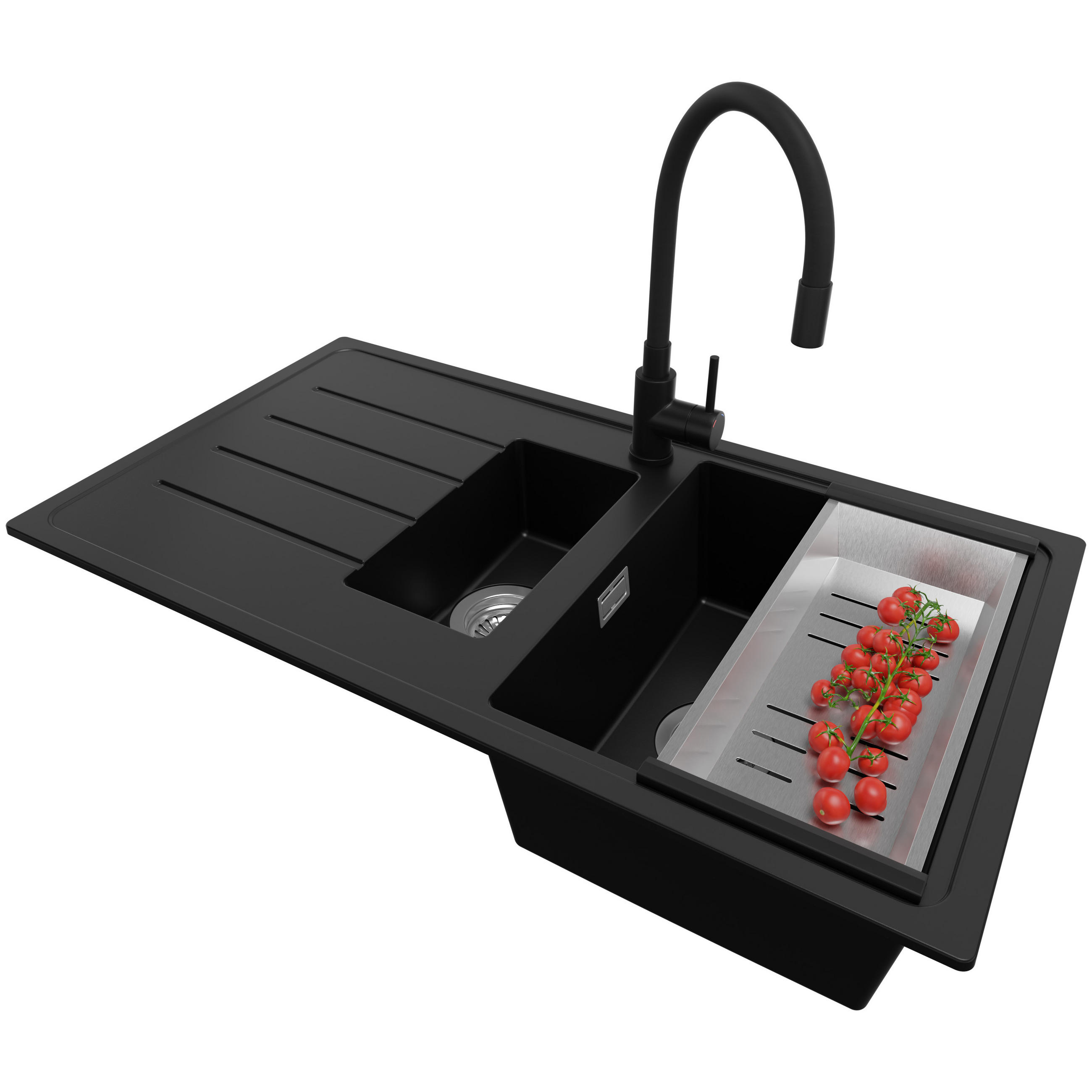 GRANITSPÜLE - Kopenhagen, 3-er set Schwarz 90/50 cm, 1,5 Becken + Küchenarmatur 38/14 cm + Ablauf-Set ab 60er Unterschrank - Chromfarben/Schwarz, Kunststoff (90/19/48cm) - Primagran