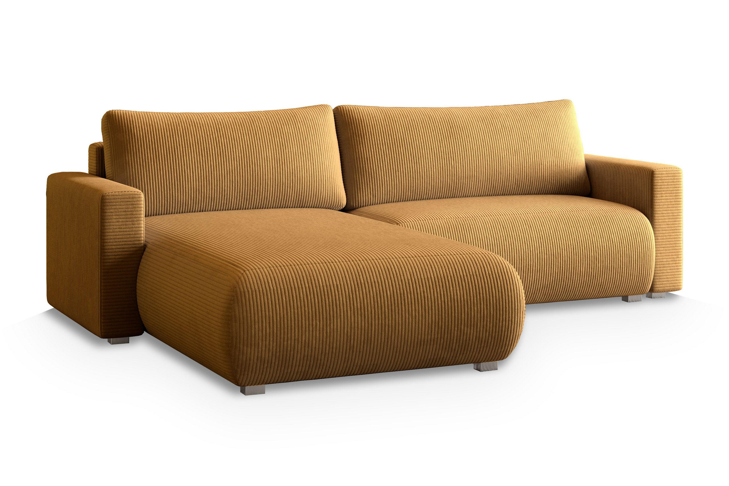 ECKSOFA TURIN P Gelb Kordstoff mit Schlaffunktion - Gelb, Holz (265/183cm) - MASSENO