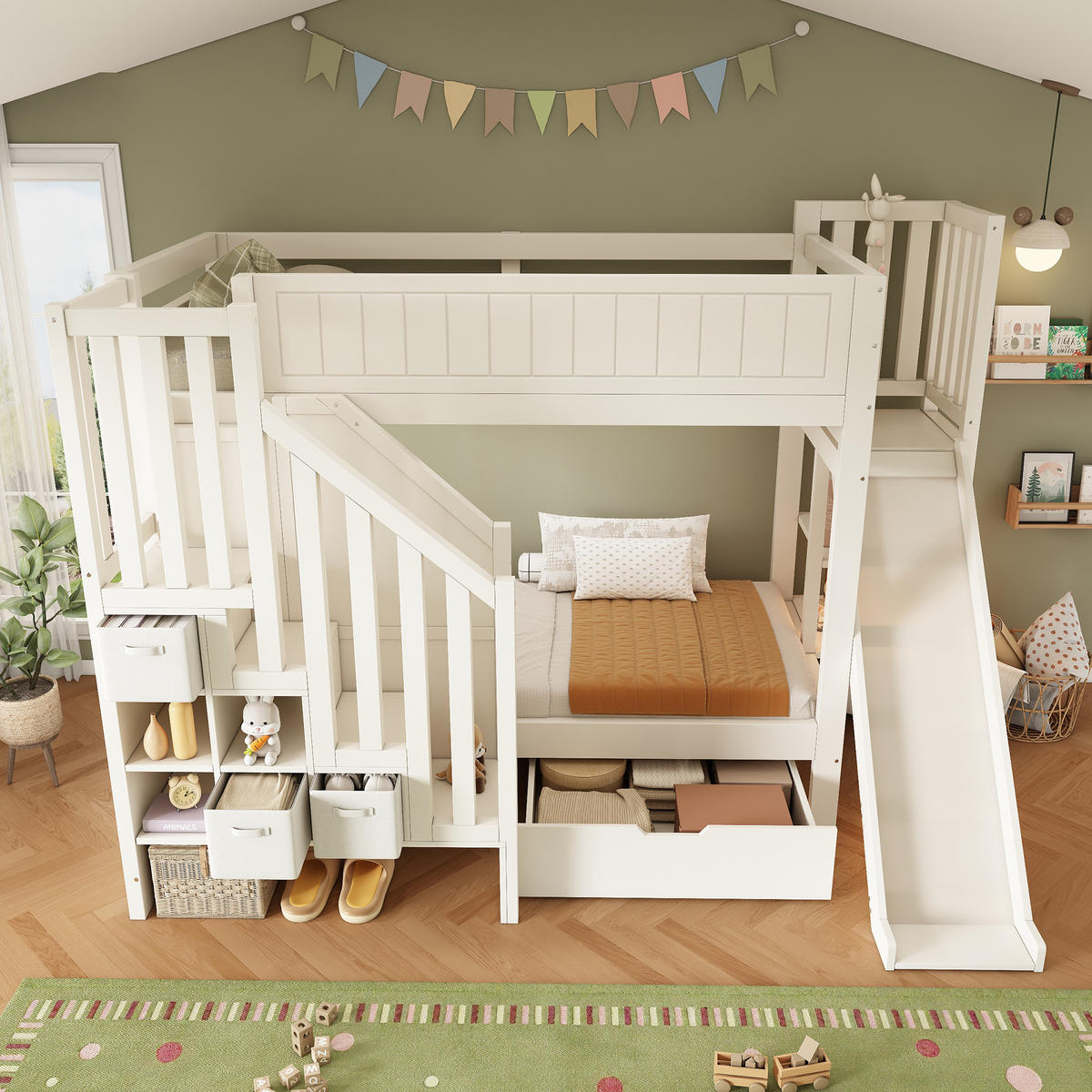 ETAGENBETT 90/200 cm mit Rutsche, Leiterschrank, Regalen und Schubladen, Weiß - Weiß, Holzwerkstoff (90/200cm) - Redom