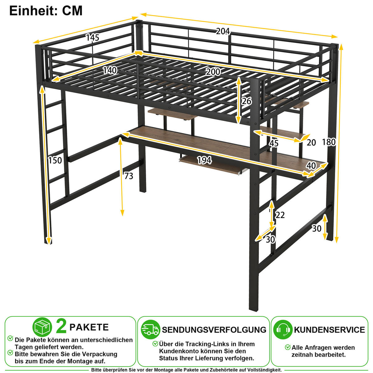 VYVÝŠENÁ POSTEL 140/200 cm v černé barvě s psacím stolem a 2 policemi - černá, kov/kompozitní dřevo (140/200cm) - CHICFURN