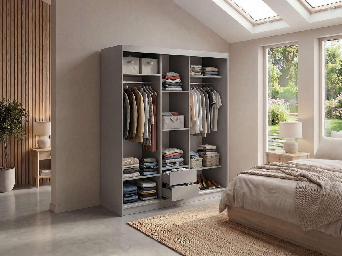 SCHWEBETÜRENSCHRANK mit Spiegel und Schubladen - WALENCJA - 180 - Grau lacobel - Alufarben/Grau, Holzwerkstoff/Metall (180/216/61cm) - MKS