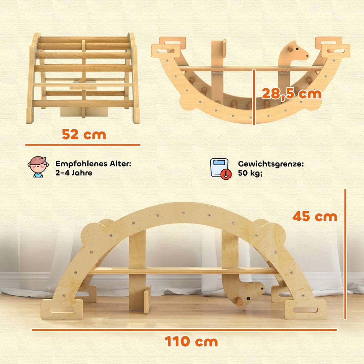 MONTESSORI Klettergerüst Indoor, mit 2 in 1 Kletterbogen aus Holz, 110x52x45 cm, Naturholz - Eschefarben, Holz (52/45/110cm) - Hauptrolle