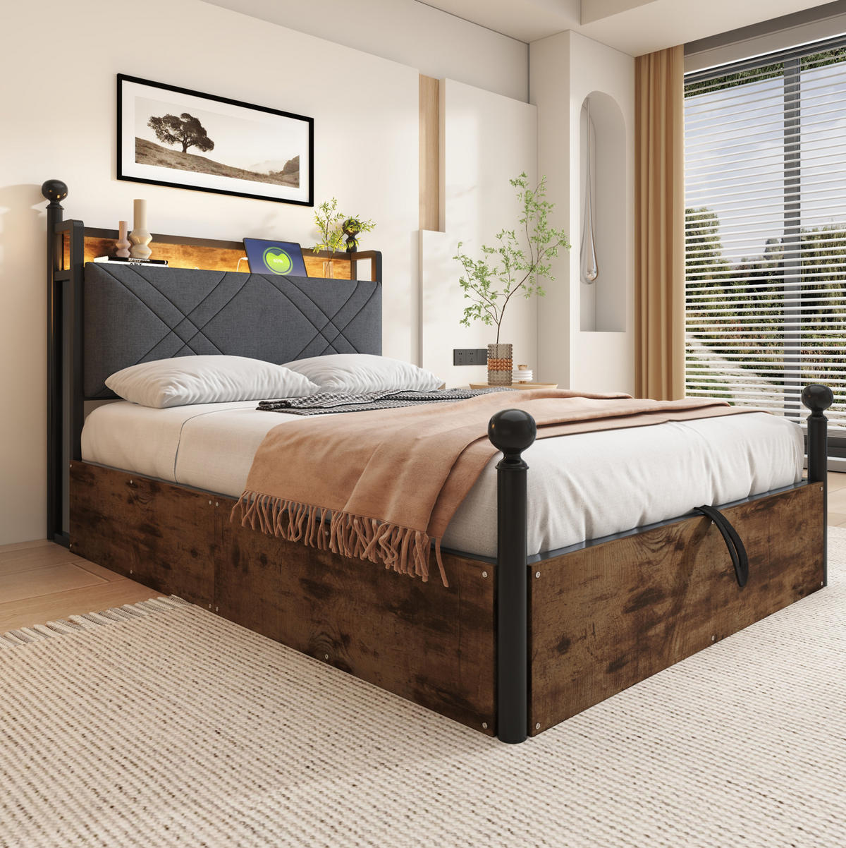 METALLBETT 90/190 cm Schwarz aus Eisen mit Stauraum und LED-Beleuchtung - Schwarz, Metall (90/190cm) - OKMYHOME