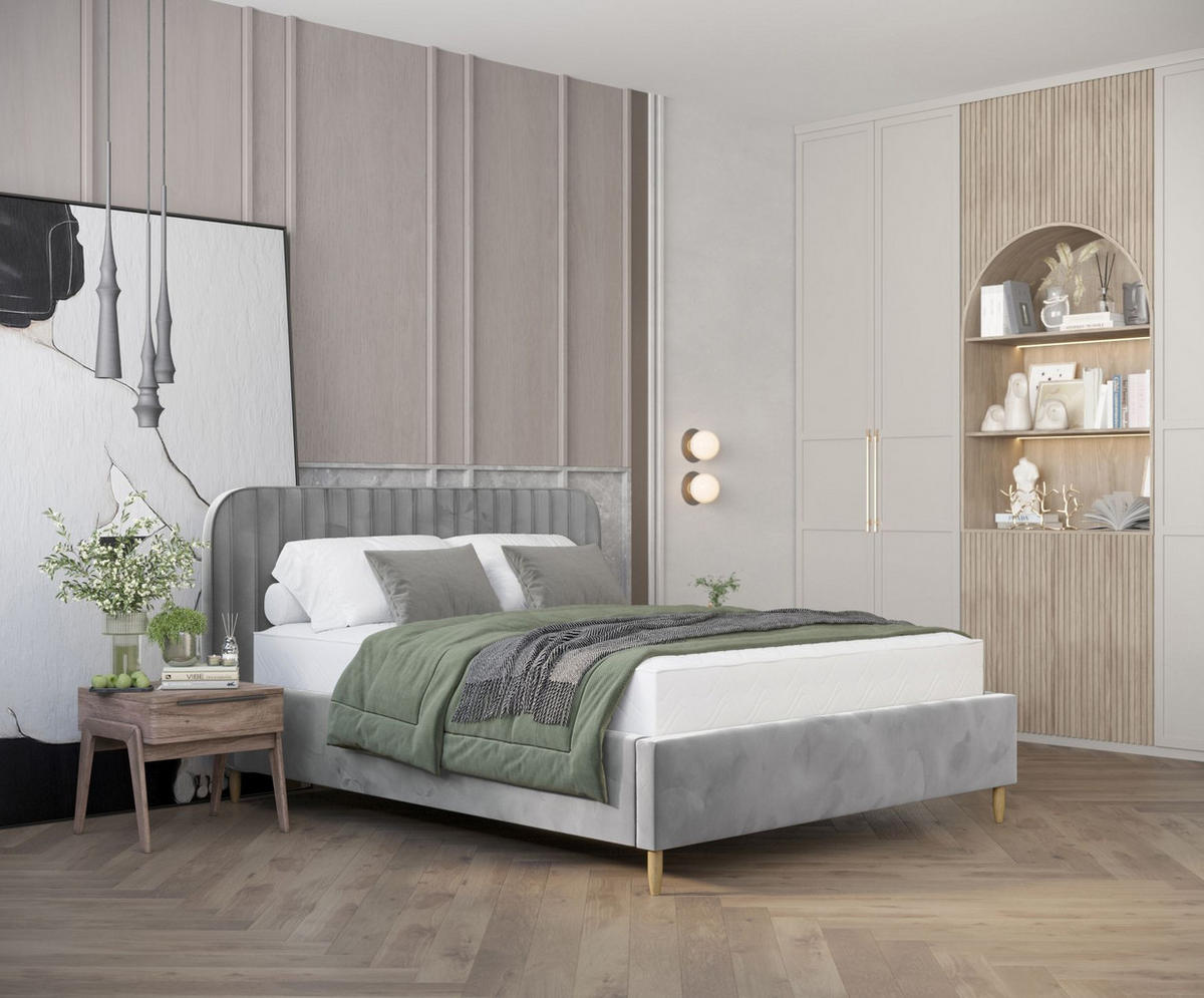 POLSTERBETT Noto Grau 120/200 cm im Samtstoff - Naturfarben/Grau, Holz/Holzwerkstoff (120/200cm) - Maison de Reve