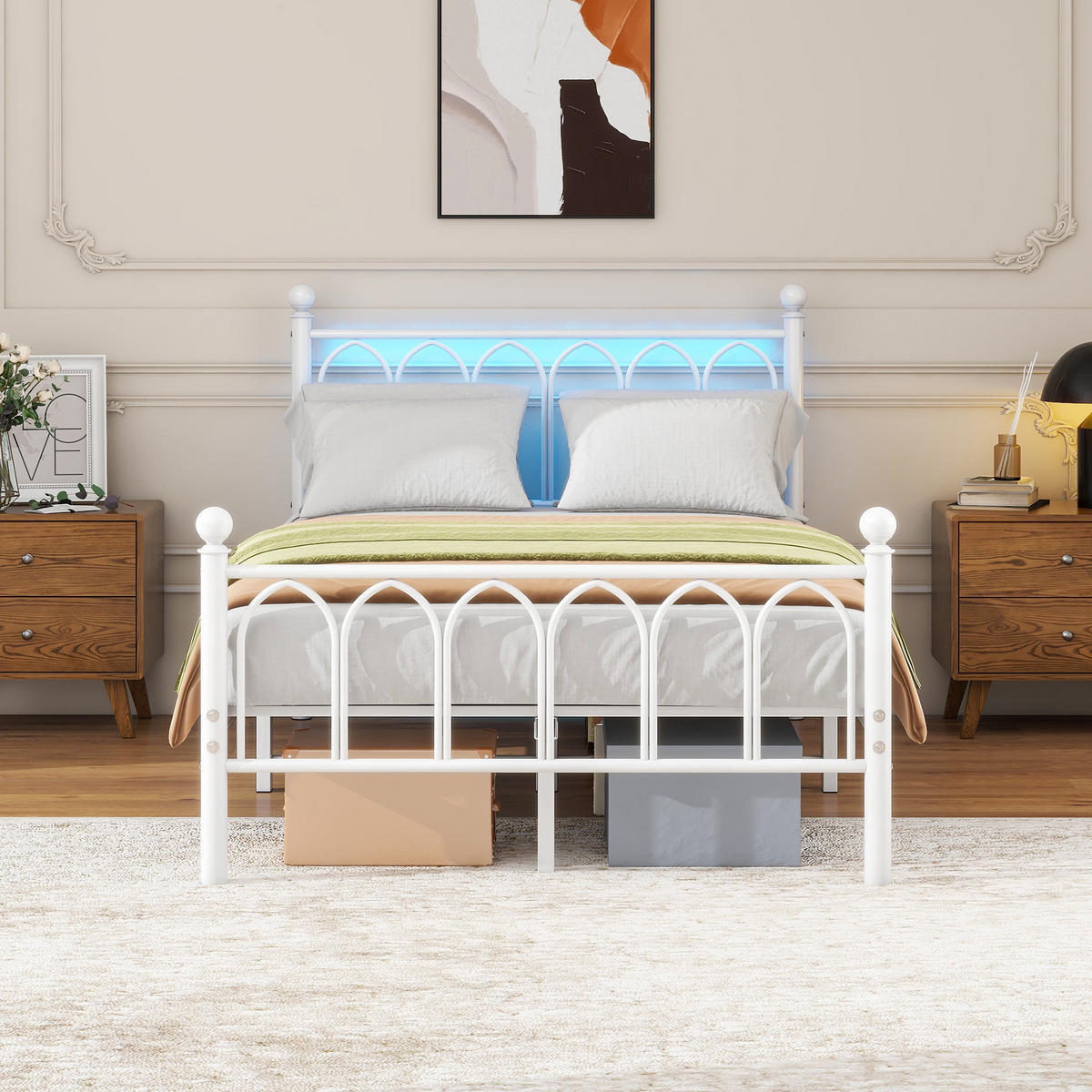 METALLBETT 120x200 cm LED USB Vintage weiß - Weiß, Holzwerkstoff (120/200cm) - LEBENLANG