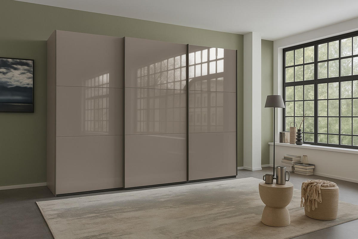SCHWEBETÜRENSCHRANK 3-türig B300/H216/T65 cm in Sand Grau mit Glasfront inkl. Vollausstattung / 22037 - Sandfarben/Eichefarben, Holzwerkstoff/Metall (300/216/65cm) - luma-home