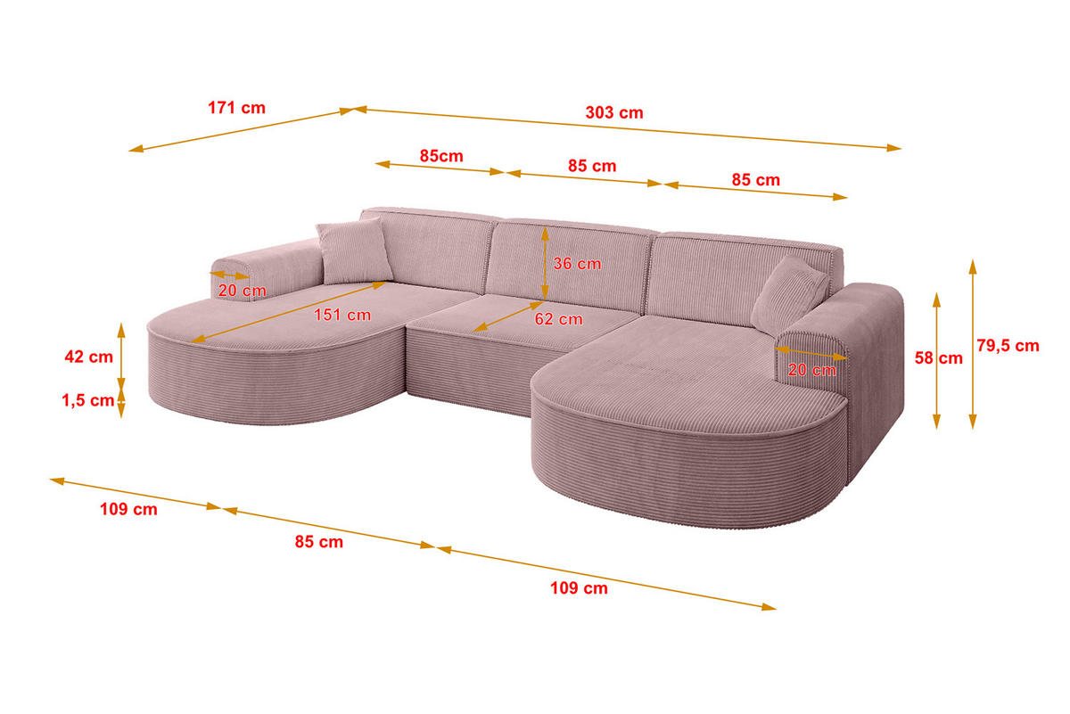 WOHNLANDSCHAFT MARI-U1 - 303x171x79 cm Rosa Cord - Schwarz/Rosa, Holzwerkstoff/Kunststoff (303/79/171cm) - ALTDECOR