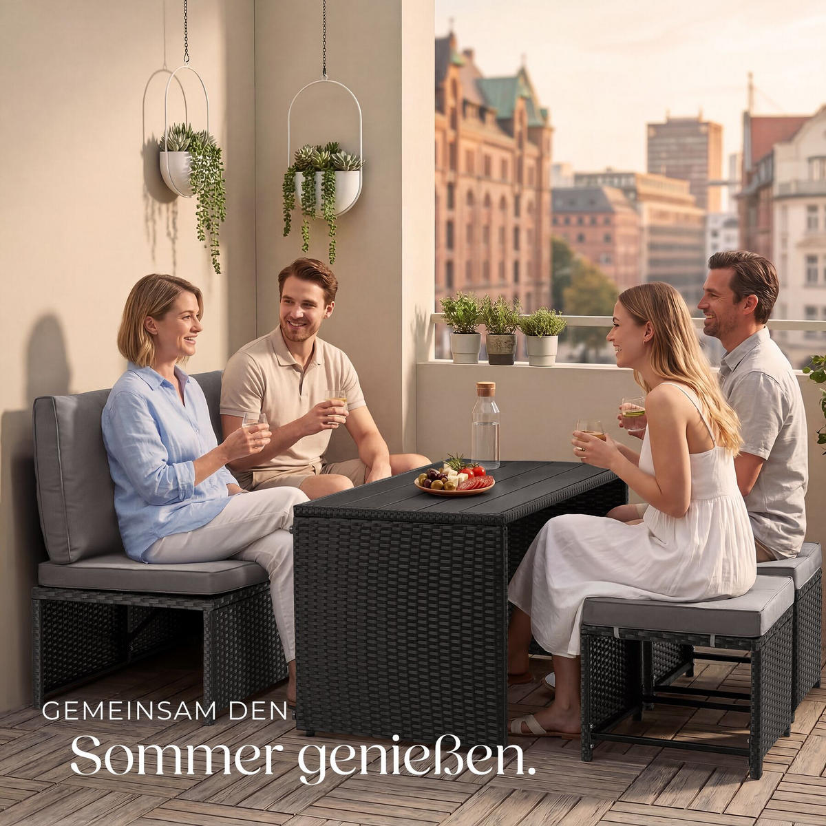 2-IN-1-RATTANLOUNGE-SET Monopoli, höhenverstellbare Tischfüße, schwarz - Schwarz, Kunststoff - tectake