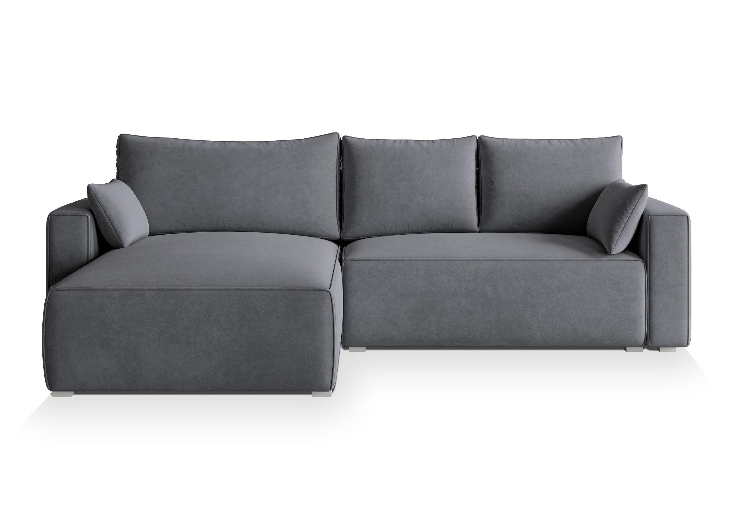 ECKSOFA FORIL Grau Velours-Stoff mit Schlaffunktion - Grau, Holz (265/178cm) - MASSENO