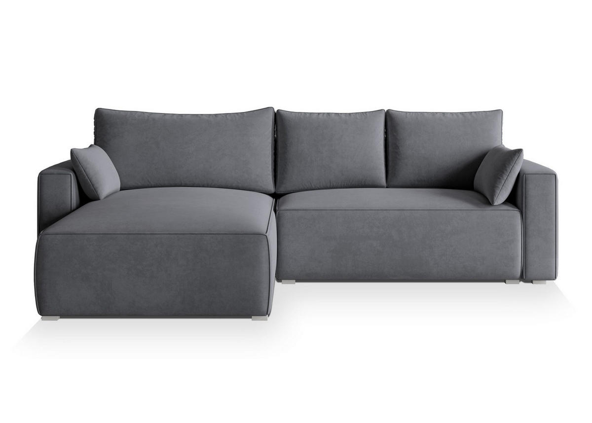 ECKSOFA FORIL Grau Velours-Stoff mit Schlaffunktion - Grau, Holz (265/178cm) - MASSENO