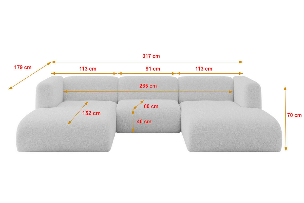 WOHNLANDSCHAFT MIRA-U1 317x179x70 Hellgrau Bouclé - Silberfarben/Hellgrau, Holzwerkstoff/Kunststoff (317/70/179cm) - ALTDECOR