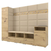 GARDEROBE NELA XI 250 cm (Modulare Flurmöbel Artisan Eiche mit Sitzpolster Beige 04 Großes Set) - Beige/Silberfarben, Holz/Holzwerkstoff (250/187/40cm) - Ravio