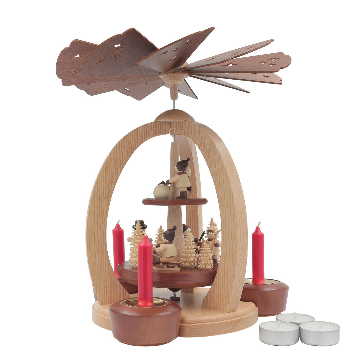 PYRAMIDE Winterkinder 2-stöckig für 3 Teelichter 27/27/30 cm - Multicolor, Holz (27/30/27cm)