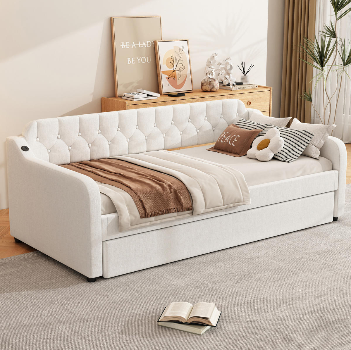 POLSTERBETT 90/200 cm mit Ausziehbett und USB-Anschluss in Beige - Beige, Textil (90/200cm) - BEAOK