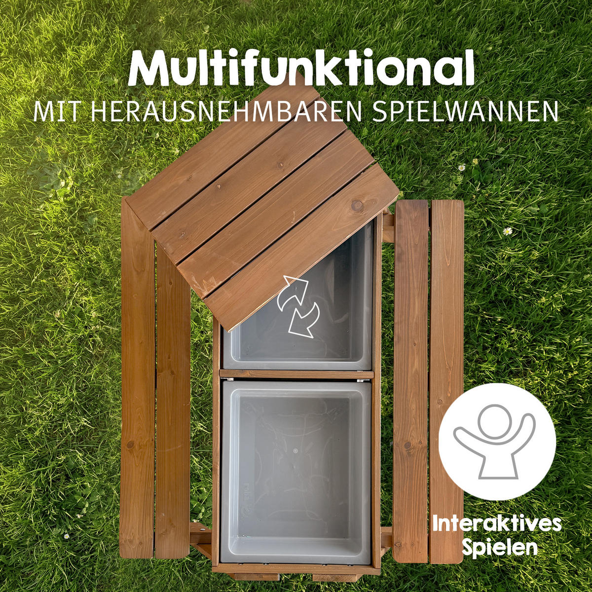 KINDERSITZGARNITUR OUTDOOR + mit Spielwannen und Bankkissen - Teakfarben, Holz - Roba