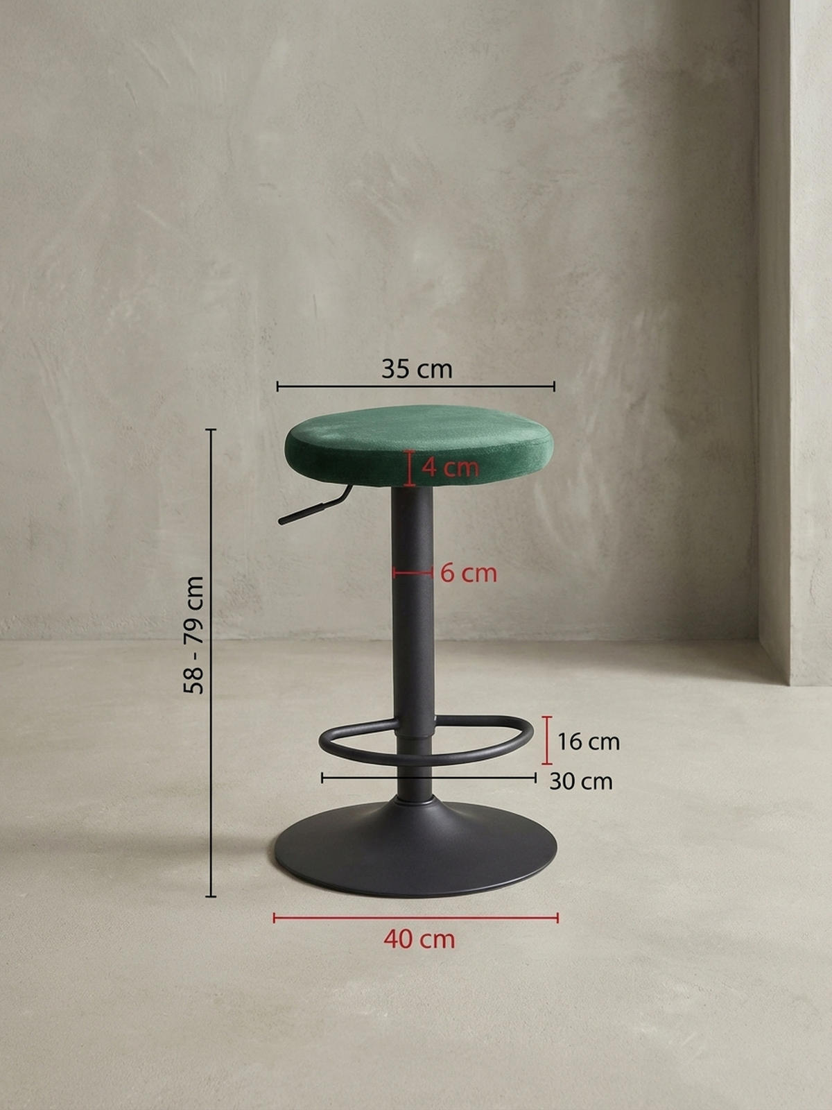 BARHOCKER Höhenverstellbar Eisen Samt Drehbar CAMPANIA, Grün 40x40x79 cm - Schwarz/Grün, Textil/Metall (40/79/40cm) - KADIMA DESIGN