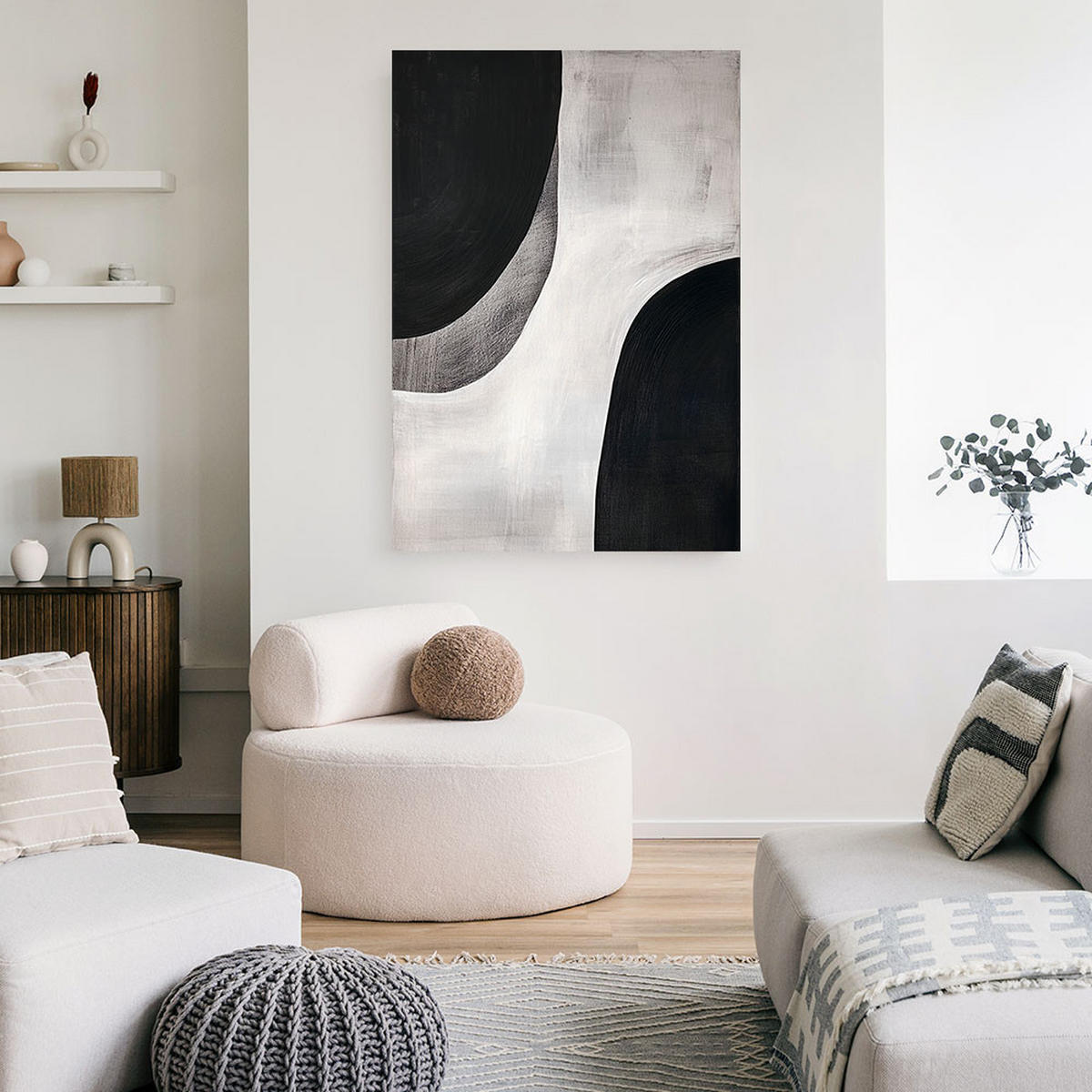 LEINWANDBILD Schwarz-Weiß-Abstraktion Minimalismus 80x120cm - Schwarz, Textil (80/120cm) - Feeby