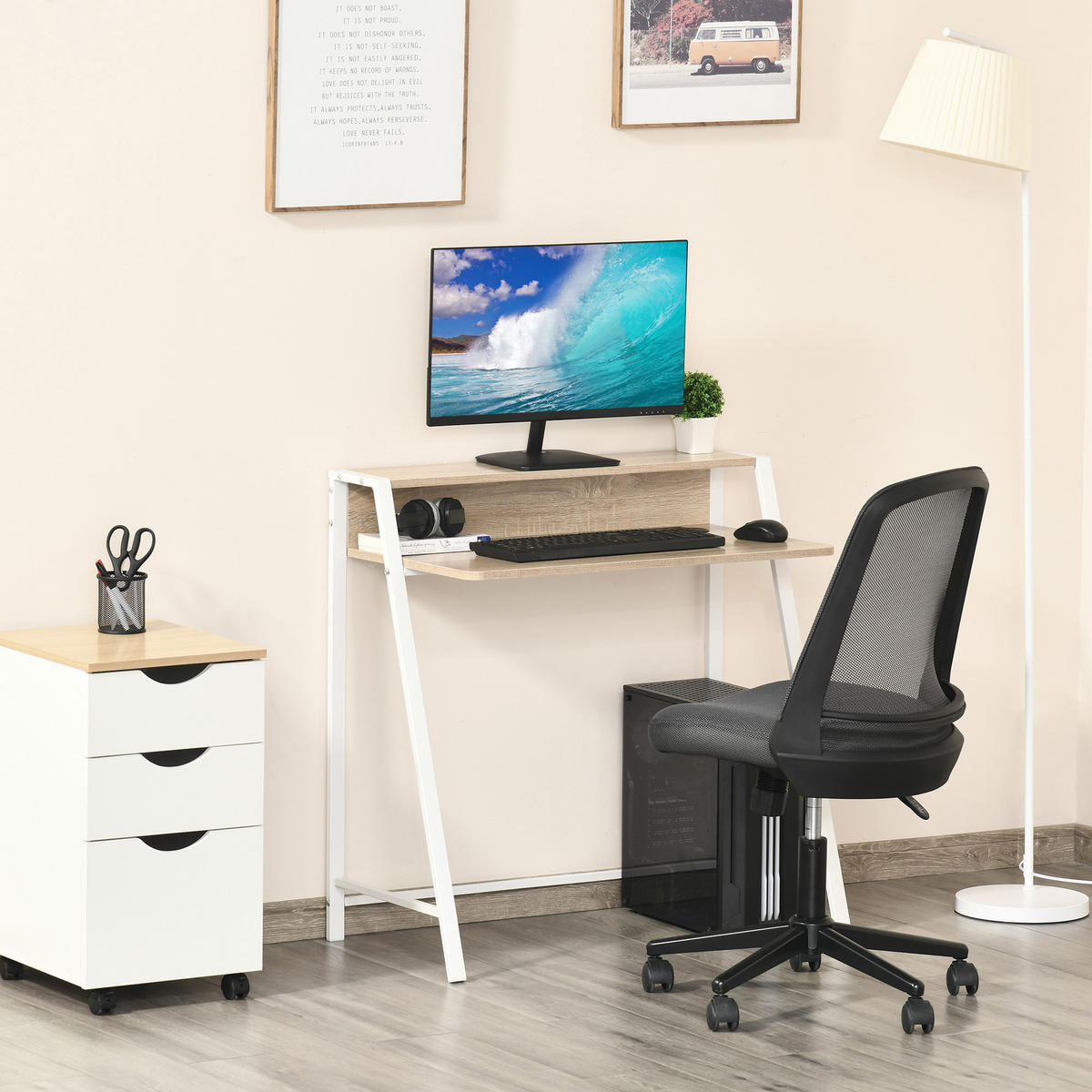 SCHREIBTISCH, MDF, Eisen, Weiß+Eiche - Weiß, Kunststoff (84/45/85cm) - HOMCOM