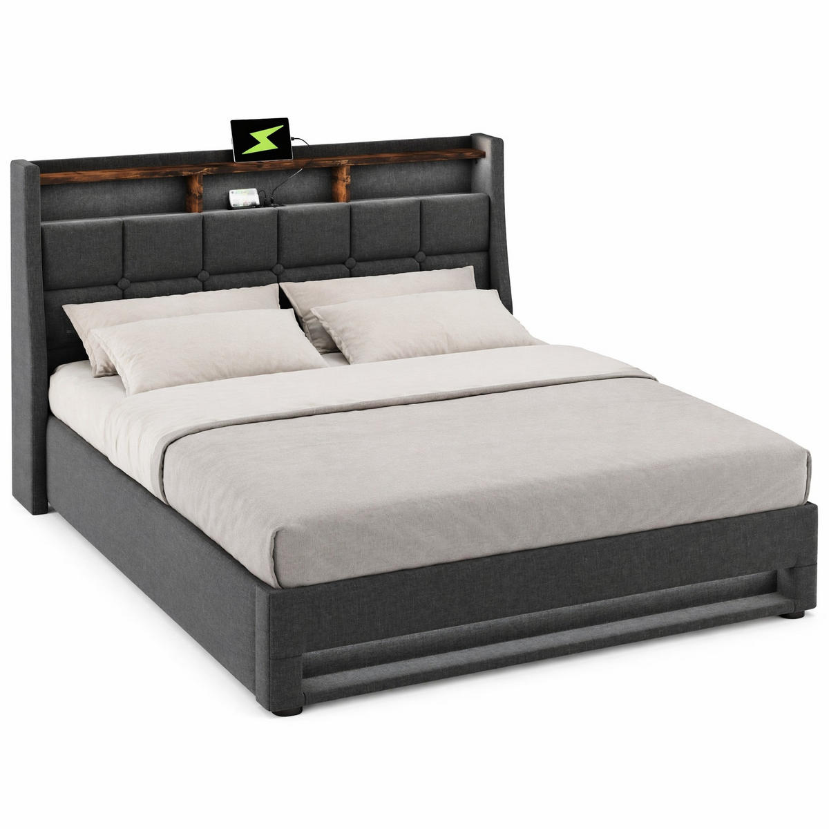 POLSTERBETT 160/200 cm in Grau Leinen mit Bettkasten, LED, USB und Ablage - Grau, Holzwerkstoff/Textil (160/200cm) - CHICFURN