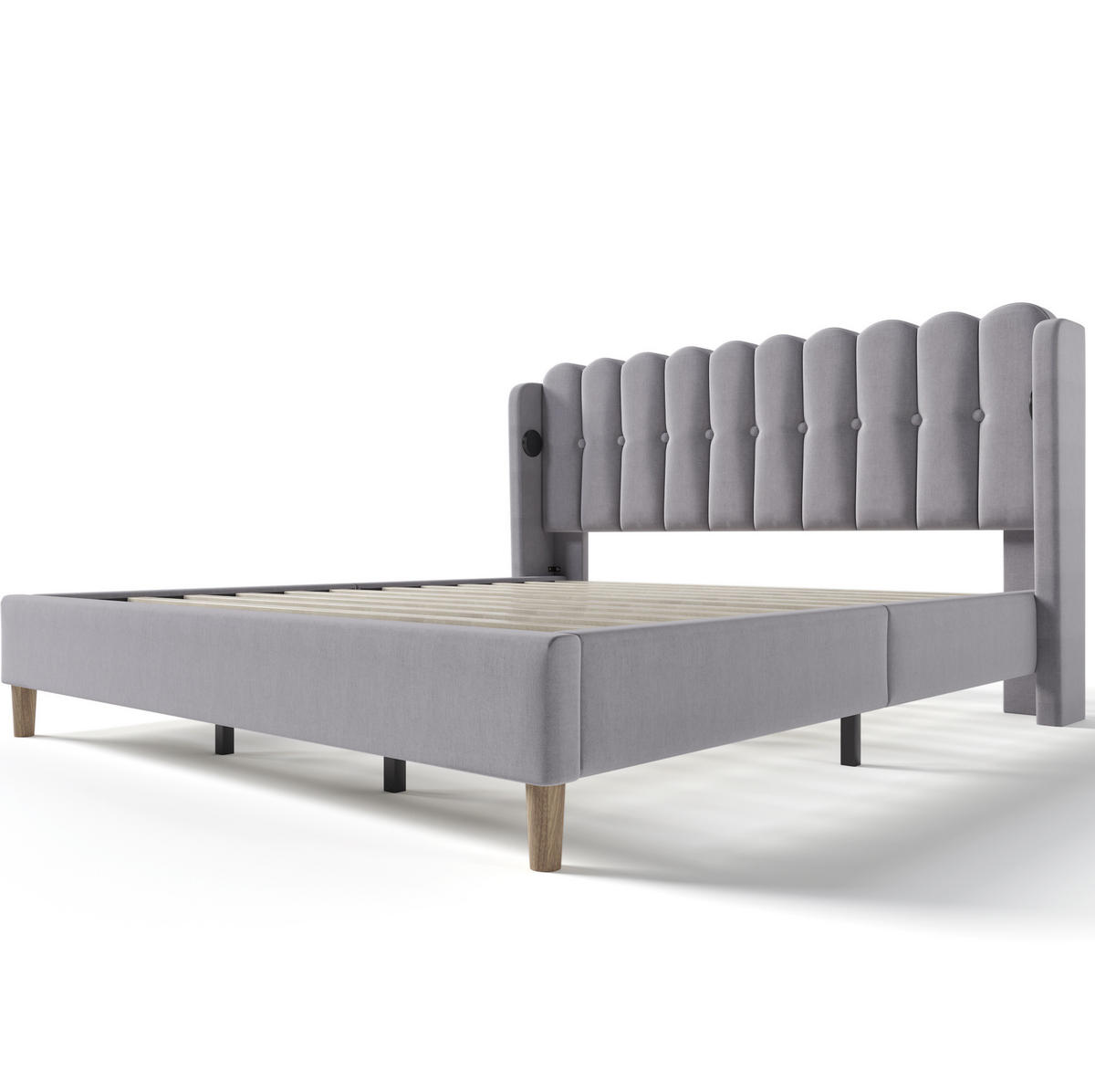 POLSTERBETT 180/200 cm mit USB- und Typ-C-Anschluss, Lattenrost und gepolstertem Kopfteil aus Leinen, Grau - Grau, Textil (180/200cm) - Redom